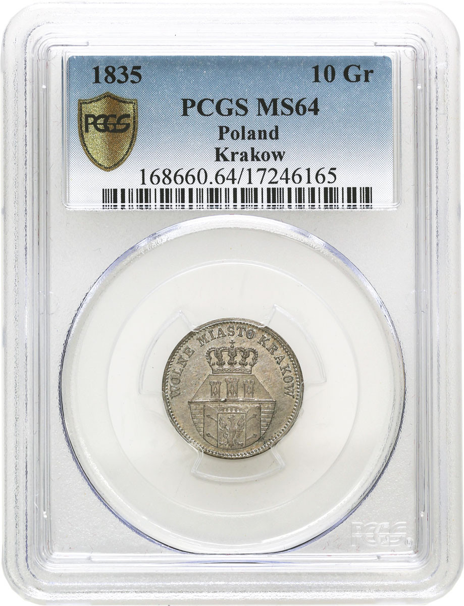 Wolne Miasto Kraków. 10 groszy 1835, Kraków PCGS MS64 (2 MAX) WYŚMIENITE